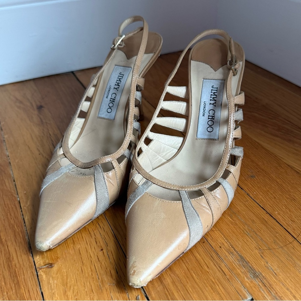 JIMMY CHOO Strappy Leather Stiletto Kitten Heel Tan Beige size 36.5